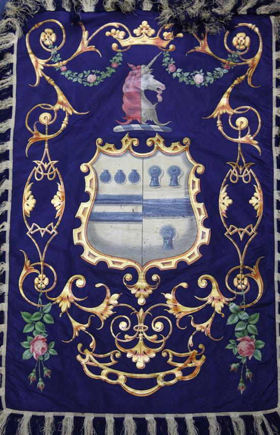 Two late Victorian painted silk hatchments, 36 x 25in., unframed